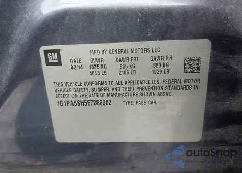 2014 Chevrolet Cruze Ls Auto из США, поврежденный, VIN 1G1PA5SH5E7286902